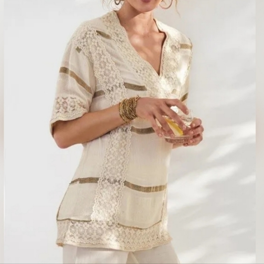 Soft Surroundings Saturday Stroll Cream Tan Brown Lace Flowy Tunic Blouse Small